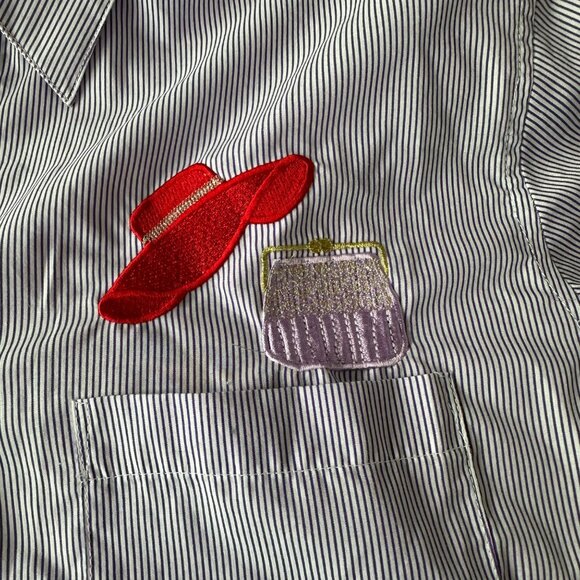 Las Olas Purple Striped Button-Up Shirt With Embroidered Red Hat Lady Design - Picture 7 of 9